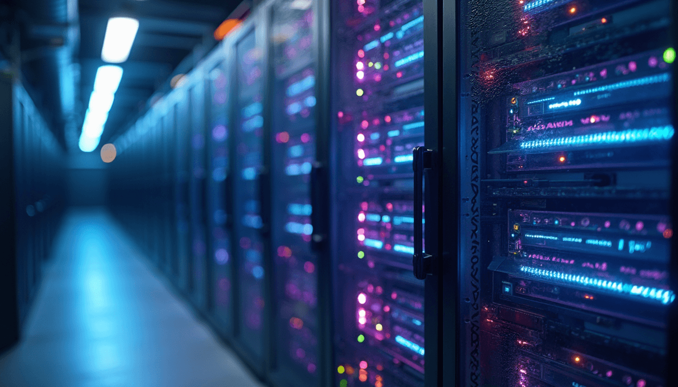 Server racks glowing with purple and blue light